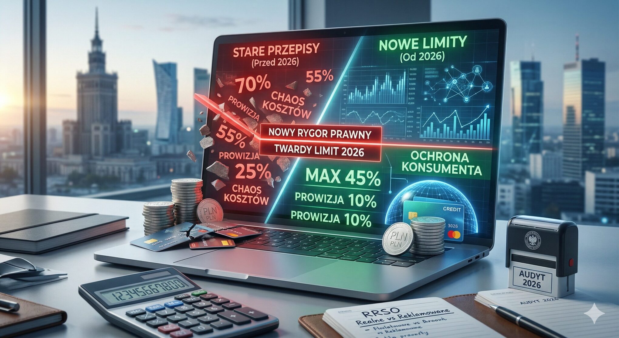 Nowe limity kosztów pożyczek w 2026 roku: Holograficzna analiza analityka pokazująca twardy pułap ustawowy na PLN, obcięcie wysokich opłat (czerwone) i nowe niskie koszty (zielone) chroniące konsumenta przed spiralą zadłużenia, styl FinTech w Warszawie