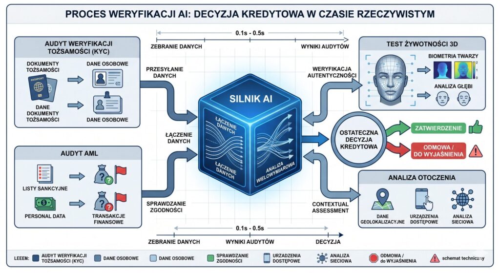 Schemat wizualizacyjny AI Silnika Decyzyjnego w Cichym Scoringu Biometrycznym pożyczki na selfie [2026]