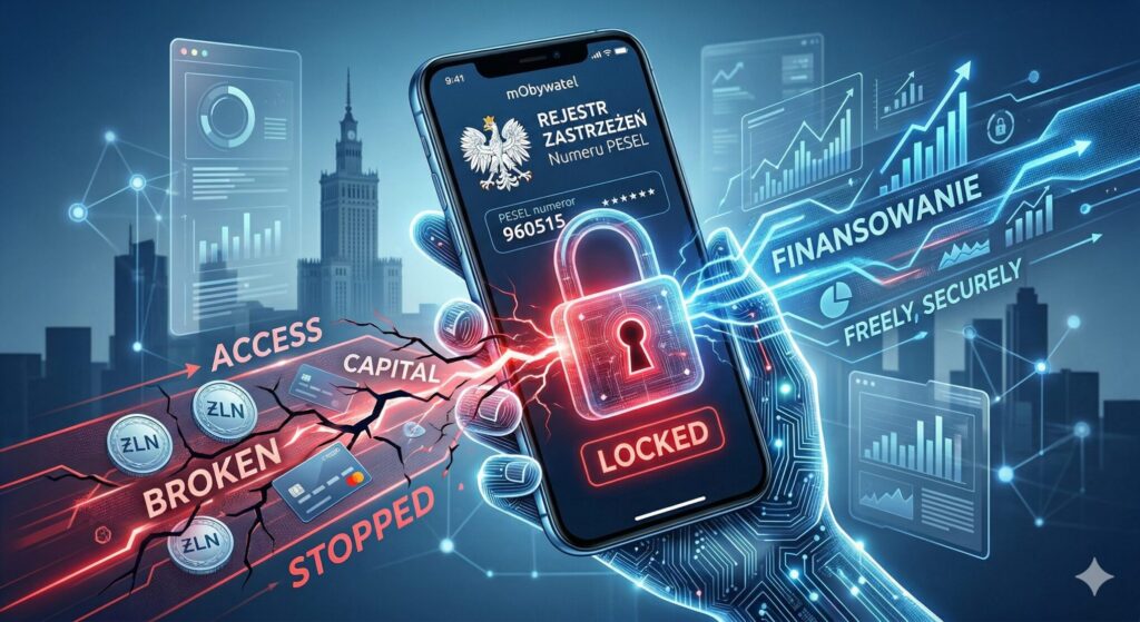 Zastrzeżony PESEL a pożyczka: nowoczesna aplikacja mObywatel z czerwoną blokadą kłódki uniemożliwiającą wyłudzenie kapitału i szybkie finansowanie, przewodnik dla konsumentów 2026 w Warszawie