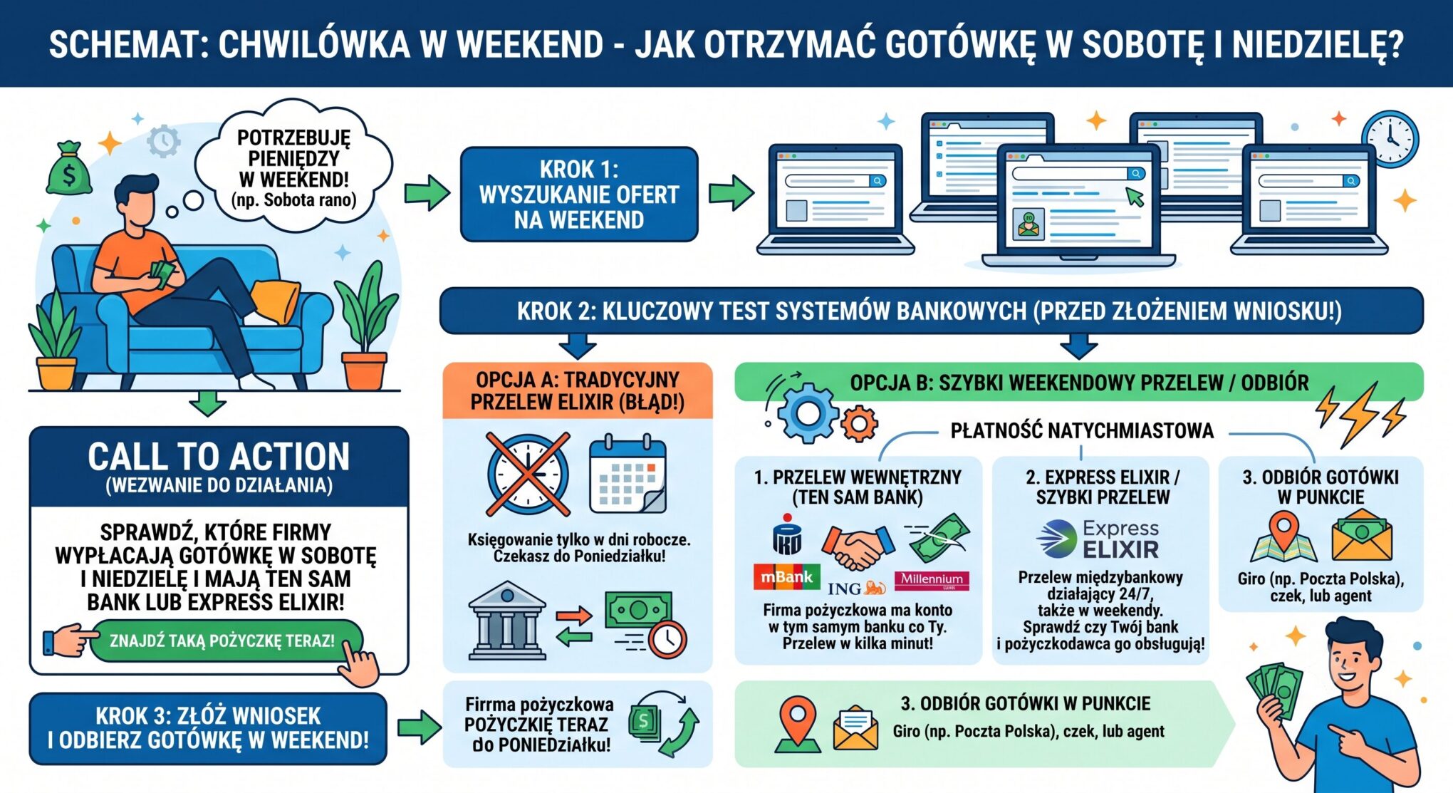 Chwilówka w weekend – które firmy wypłacają gotówkę w sobotę i niedzielę (Test systemów bankowych)